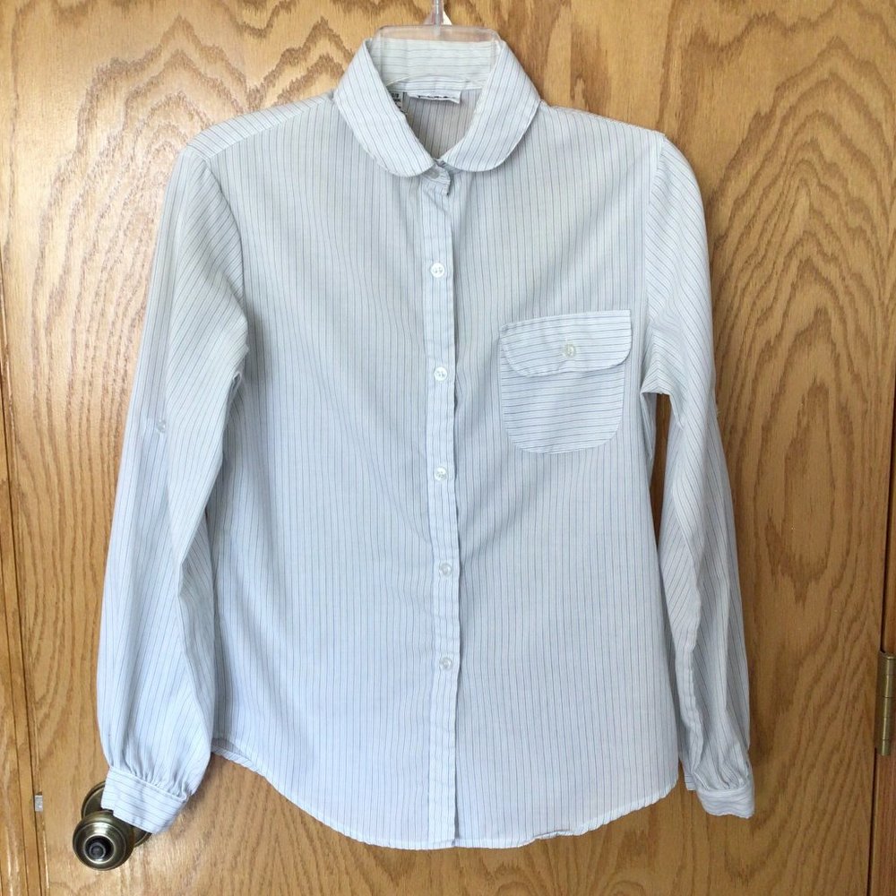 huk-a-poo  - White Blouse With Blue & Gray Pinstripes & Peter Pan Collar